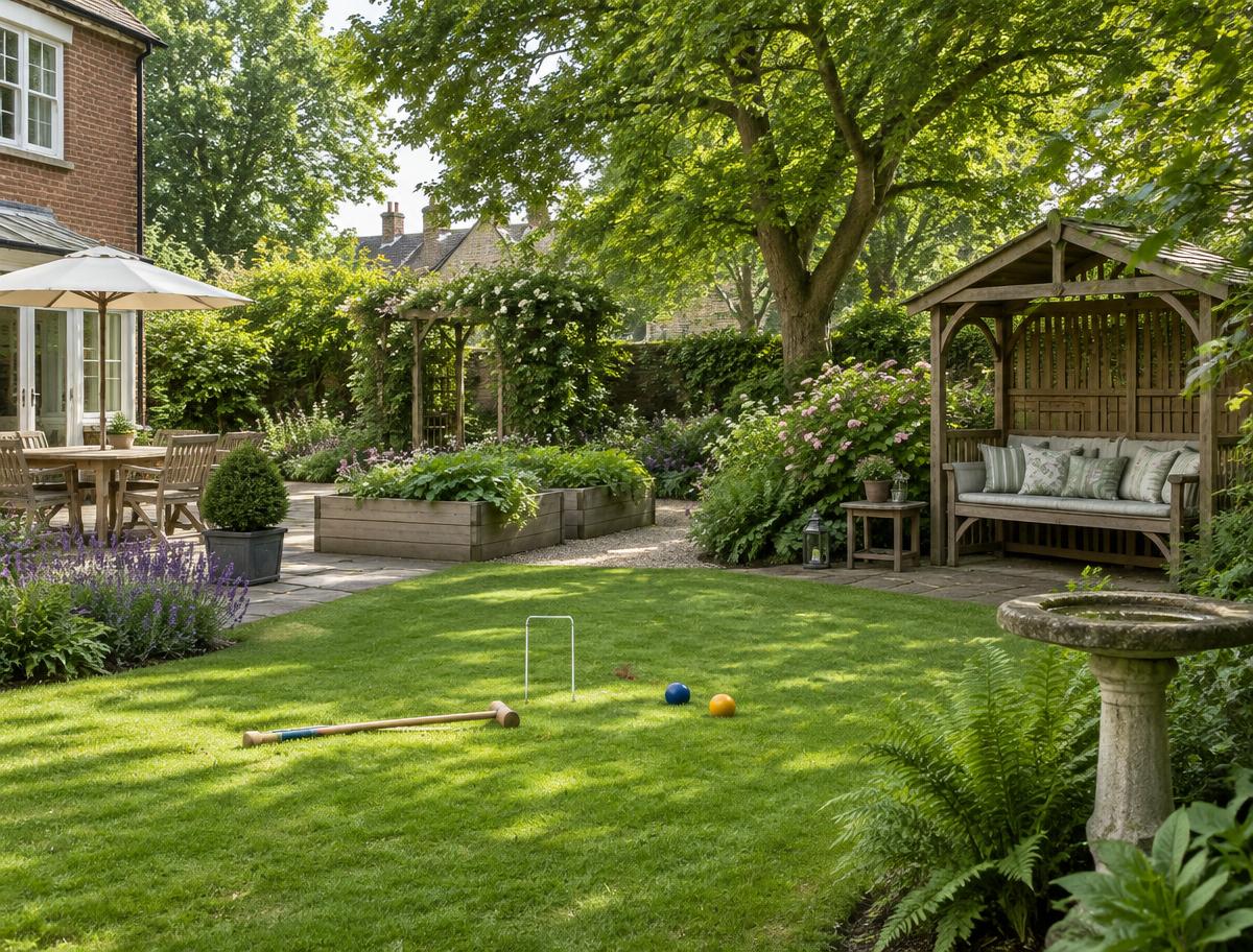 Peaceful garden with seating and outdoor activities