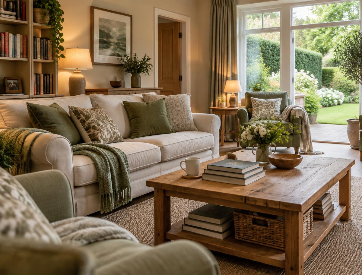 Warm shared lounge overlooking a garden